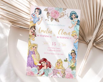 Princess Joint Birthday Invitation Princess Invitation Double Party Princess Siblings Sisters Princess Dual Invite Girls Princesses EDITABLE