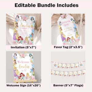 May include: A printable party bundle featuring a pink and gold color scheme with a Disney Princess theme. The bundle includes an invitation, a favor tag, a welcome sign, and a banner. The invitation is 5 inches by 7 inches, the favor tag is 2 inches by 3.5 inches, the welcome sign is 16 inches by 20 inches, and the banner is 5 inches by 7 inches.