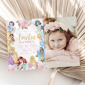 Princess Invitation with Photo Princess Birthday Invitation with Picture Princesses Theme Party Invite Pink Gold EDITABLE Instant Digital