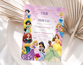 May include: A pink princess-themed invitation with the text "FOUR EVER A PRINCESS" and "Donna is turning 4". The invitation features illustrations of various princesses and event details.