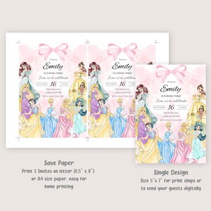 May include: Pink and gold birthday party invitations featuring princess illustrations. The invitation reads "Emily is turning three!" with event details. Includes options for printing on letter or A4 paper, or a single 5" x 7" design.