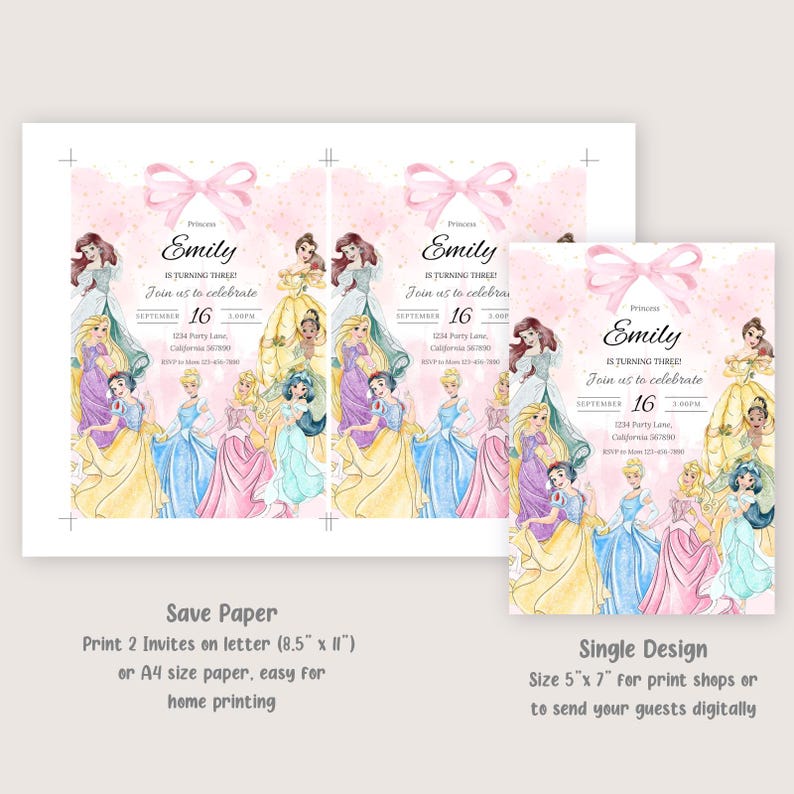 May include: Pink and gold birthday party invitations featuring princess illustrations. The invitation reads "Emily is turning three!" with event details. Includes options for printing on letter or A4 paper, or a single 5" x 7" design.