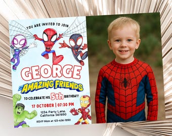 Invitación de cumpleaños de Spidey y sus increíbles amigos con foto. Invitación de Spidey con imagen. Invitación de fiesta de Spidey con tema de niño. EDITABLE al instante.