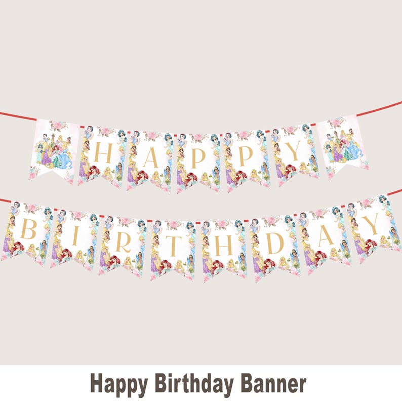 May include: A colourful banner spelling out "HAPPY BIRTHDAY" with individual pennants. Each pennant is decorated with Disney princess illustrations. The banner is strung on a red string, ideal for a birthday party.