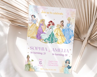 May include: A colourful invitation with a watercolour background featuring Disney princesses. The text reads "Join us to celebrate Sophia & Amelia is turning 2! is turning 3!" with a date and time of 15th May, 5-7pm. The location is Sophia's Castle, 123 Party Lane, California 56789. The RSVP number is 123-456-7890.