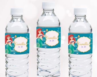 Etiqueta para botella de agua de La Sirenita, envoltorios para botellas de La Sirenita, decoración de cumpleaños de Ariel, decoración para fiesta de Ariel, edición digital instantánea