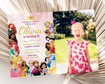 May include: A pink and purple invitation with a gold crown and the text "Join us for a Royal Celebration Olivia is turning 3!"  The invitation features a collage of Disney princesses. The invitation also includes the date, time, and location of the event.  RSVP information is included at the bottom of the invitation.