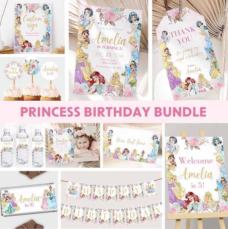May include: A princess-themed birthday party bundle with a variety of printable items, including a welcome sign, a banner, water bottle labels, cupcake toppers, a thank you tag, and a custom sign. The items feature a watercolor illustration of Disney princesses with pink and gold accents.