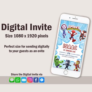 May include: A digital invitation on a smartphone. The invitation reads "Digital Invite" and "Size 1080 x 1920 pixels." The design includes cartoon characters and the text "ISAAC IS TURNING SIX!" with event details.
