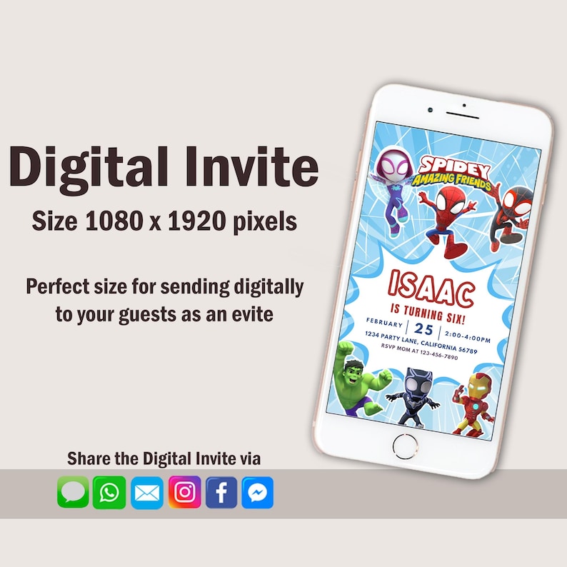 May include: A digital invitation on a smartphone. The invitation reads "Digital Invite" and "Size 1080 x 1920 pixels." The design includes cartoon characters and the text "ISAAC IS TURNING SIX!" with event details.