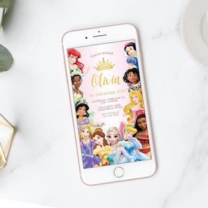 May include: A pink and gold digital invitation for a princess-themed birthday party. The invitation features a collage of Disney princesses, including Ariel, Belle, Cinderella, Elsa, Jasmine, Mulan, Pocahontas, Rapunzel, Snow White, and Tiana. The text reads "You're invited Olivia is turning six! Saturday, February 25, 2:00-4:00PM, 1234 Party Lane, California 56789, RSVP Mom at 123-456-7890."