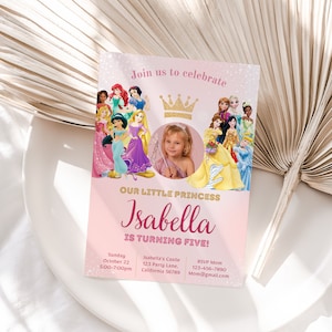 Princess Birthday Invitation with Photo Princess Invitation with Picture Girl Princesses Theme Party Invite Pink EDITABLE Instant Digital