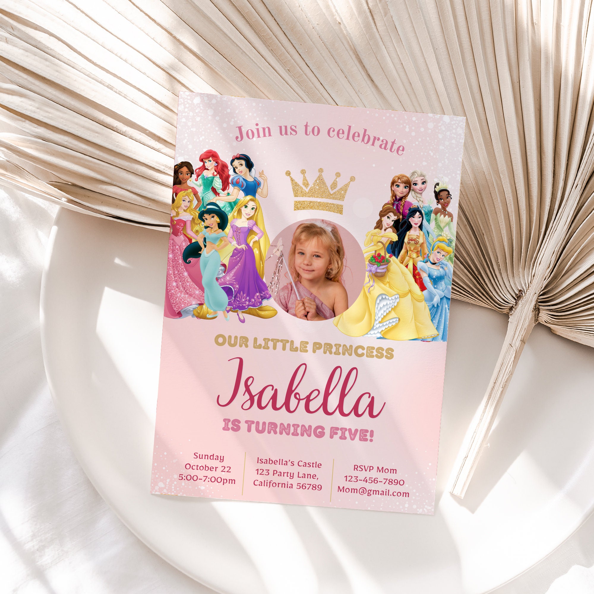 Princess Birthday Invitation with Photo Princess Invitation with Picture Girl Princesses Theme Party Invite Pink EDITABLE Instant Digital