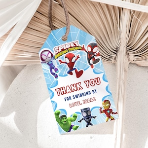 Spidey i jego niesamowici przyjaciele Tagi z podziękowaniami Spidey Party Favors Spidey Tagi z podziękowaniami Spidey Etykieta Spidey Torba na prezenty urodzinowe Tag torby z łupami EDYTOWALNE