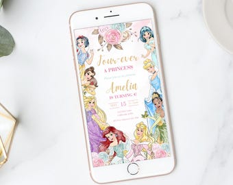 Princess Birthday Invitation Princess Invitation Princess Theme Digital Party e-invite Princesses Mobile Electronic Evite Girl EDITABLE
