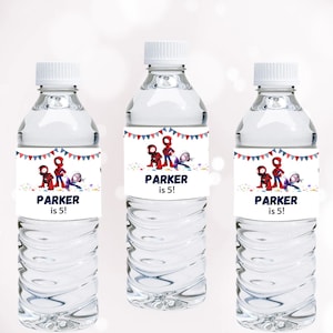 May include: Three clear water bottles with white caps. Each bottle has a label featuring Spider-Man characters and the text "PARKER is 5!". The labels have a festive banner design with red, white, and blue colors.