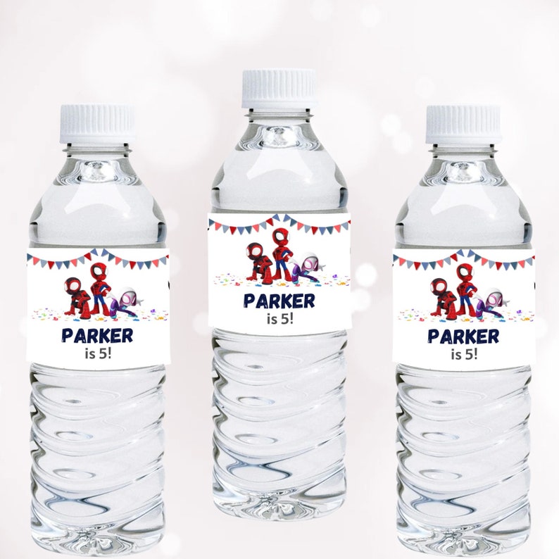 May include: Three clear water bottles with white caps. Each bottle has a label featuring Spider-Man characters and the text "PARKER is 5!". The labels have a festive banner design with red, white, and blue colors.