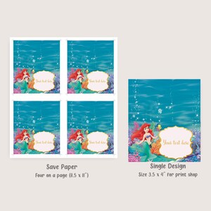 May include: Four printable favor tags featuring Ariel the Little Mermaid. Each tag has a blue ocean background with bubbles, coral, and a gold frame with the text "Your text here".