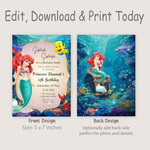 May include: A printable invitation for a 5th birthday party with a mermaid theme. The front of the invitation features a mermaid with red hair and a green tail, a crab, and a fish. The text on the front reads "Splish Splash It's a Birthday Bash! Join us under the sea to celebrate Princess Hannah's 5th Birthday. Saturday, 12 May 5:30 PM 1234 Party Lane California 567890 RSVP Mom at 123-456-7890". The back of the invitation features a mermaid with red hair and a green tail sitting on a treasure chest. The background is a blue ocean scene with fish and coral.