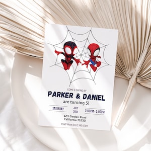 May include: White invitation card featuring two cartoon Spider-Man characters on a gray web background. The text reads "COME & SWING BY PARKER & DANIEL are turning 5!" with event details including date, time, and location.