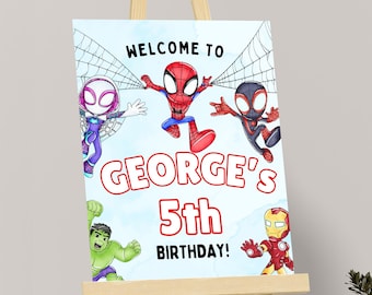 Cartel de bienvenida de Spidey y sus increíbles amigos. Cartel de cumpleaños de Spidey. Póster de bienvenida de Spidey y sus amigos. Decoraciones. Decoración de fiesta de Spidey. EDITABLE.