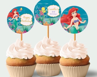 Kleine Meerjungfrau Cupcake Toppers Ariel Kuchen Topper Die kleine Meerjungfrau-Geburtstags-Partydekorationen Kleine Meerjungfrau-Mädchen-Thema Dekor EDITIERBAR