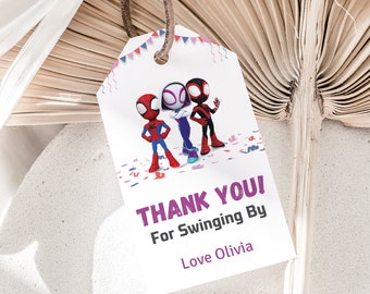 Etiquetas de agradecimiento de Ghost Spider Spidey y sus increíbles amigos favores de fiesta Spider Gwen Etiquetas de favor Etiqueta Spidergirl Etiquetas de cumpleaños de niña EDITABLE