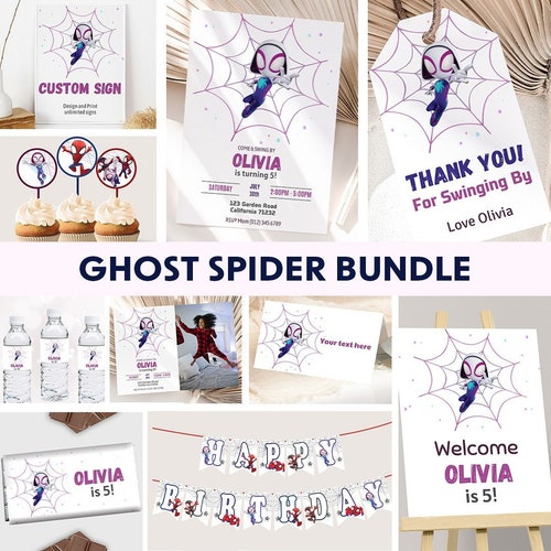 Ghost Spider Birthday Invitation Bundle Spidey and his Amazing Friends Birthday Party Decoration Gwen Decor Girl EDITABLE Instant Digital