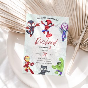 Könnte beinhalten: Einladung zum Geburtstag mit Superhelden-Motiv, die Cartoon-Illustrationen von Spider-Man, Iron Man und anderen Charakteren zeigt. Die Einladung enthält den Text "Richard wird 2" und Veranstaltungsdetails. Das Design integriert einen Spinnennetz-Hintergrund.
