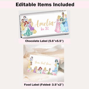 May include: Printable labels featuring Disney princesses in watercolor style. The larger label is 5.6 inches by 5.5 inches and says "Amelia is 5!" The smaller label is 3.5 inches by 2 inches and says "Your text here".