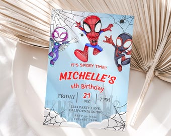 Invitación de cumpleaños de Spidey y sus increíbles amigos. Invitación de cumpleaños de Spidey. Invitación para fiesta temática de Spidey. Plantilla editable. Invitación digital instantánea.