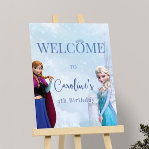 Placa de boas-vindas Frozen, pôster de boas-vindas Frozen, decoração para festa de 4 anos, decoração da Elsa, editável