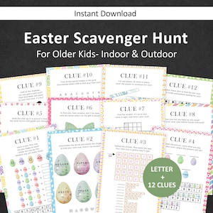 May include: A printable Easter Scavenger Hunt game for older children, suitable for indoor and outdoor play. The game includes 12 clues with puzzles, riddles, and word games, all with an Easter theme. The design features colourful eggs and pastel borders.