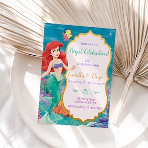 Little Mermaid Joint Birthday Invitation Girls Ariel Double Invitation Sisters The Little Mermaid Dual Birthday Party Theme EDITABE Instant