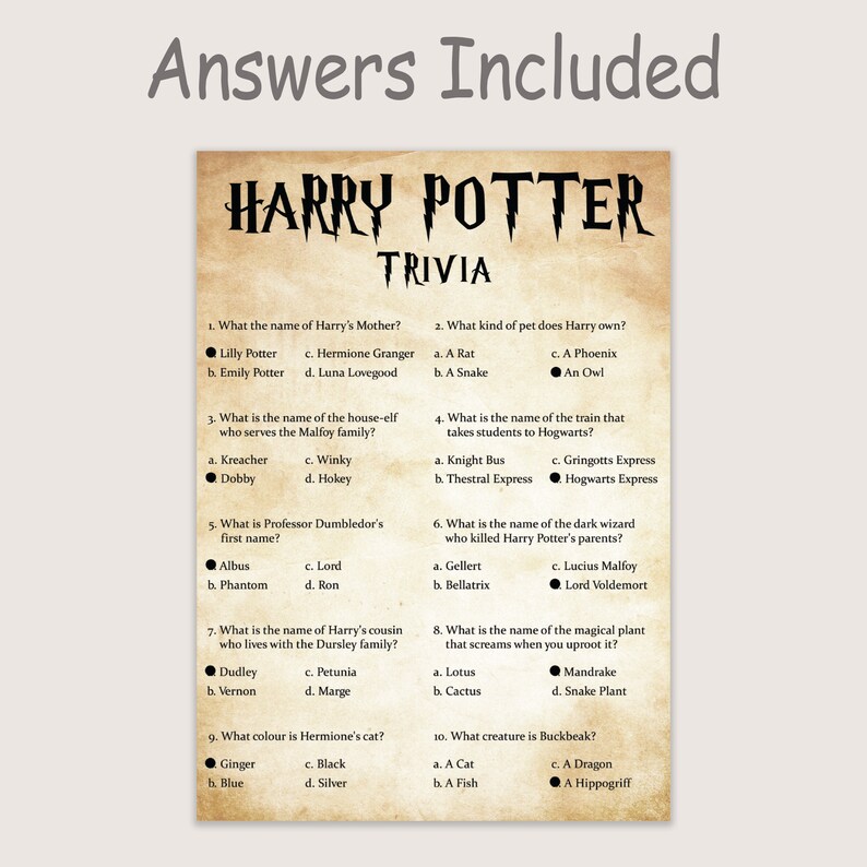 Potter Trivia Game Wizard Trivia Quiz Magical Birthday Party Games ...