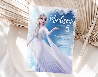 May include: A blue and white birthday invitation featuring a cartoon image of Elsa from the movie Frozen. The invitation says "Madison is turning 5" and includes details for a party on February 6th from 2:00 PM to 5:00 PM. The invitation also includes an address and a phone number to RSVP.