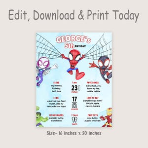 May include: A personalized birthday poster featuring Spider-Man characters. The poster includes the text "GEORGE'S 5th BIRTHDAY!" and details like height (23 inches), weight (17 pounds), favorite songs, and toys. Size: 16 x 20 inches.