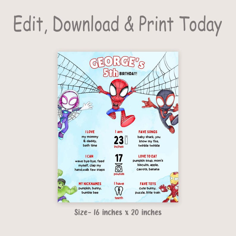 May include: A personalized birthday poster featuring Spider-Man characters. The poster includes the text "GEORGE'S 5th BIRTHDAY!" and details like height (23 inches), weight (17 pounds), favorite songs, and toys. Size: 16 x 20 inches.