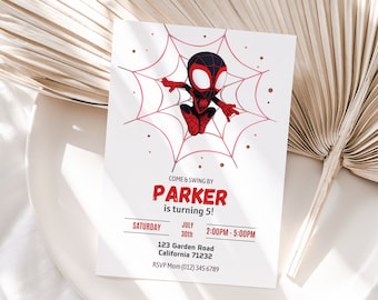 May include: White invitation card featuring a cartoon Spider-Man character in a red and black suit, set against a pink spiderweb design. The card includes the text "COME & SWING BY PARKER is turning 5!" with event details.