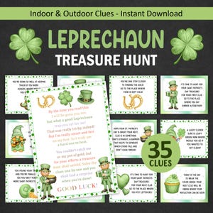 以下が含まれることがあります： 35個のヒントが付いた、聖パトリックの日のテーマの宝探しゲーム。デザインは緑のシャムロック、レプラコーン、そして「Leprechaun Treasure Hunt」というテキストが特徴です。屋内と屋外での楽しさのためのヒントが含まれています。