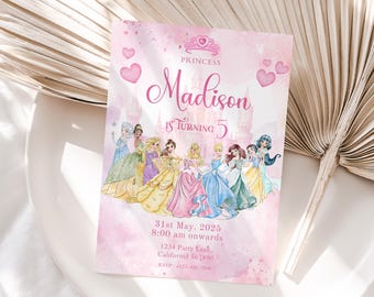 May include: A pink invitation card with a watercolor effect, featuring the text "Princess Madison is Turning 5." It includes illustrations of several princesses and a castle. The date and time of the party are also listed.