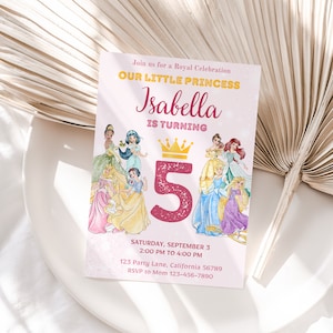 May include: A pink and white birthday invitation with a picture of Disney princesses. The invitation says "Join us for a Royal Celebration Our Little Princess Isabella is turning 5" and includes the date, time, and location of the party.