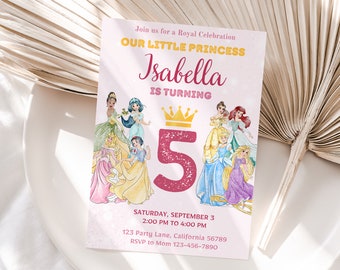 May include: A pink and white birthday invitation with a picture of Disney princesses. The invitation says "Join us for a Royal Celebration Our Little Princess Isabella is turning 5" and includes the date, time, and location of the party.