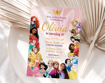 May include: A pink and gold birthday invitation featuring a crown and a circle of Disney princesses. The text reads "Join us for a Royal Celebration Olivia is turning 5!" with details for the event: Sunday, August 3rd, 2:00PM-4:00PM, 123 Party Lane, California 56789, RSVP Mom 123-456-7890.