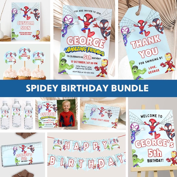 Może przedstawiać: Zestaw artykułów na przyjęcie urodzinowe w stylu Spidey. Zawiera zaproszenia, podziękowania, dekoracje na babeczki, etykiety na butelki z wodą, baner i spersonalizowany znak.