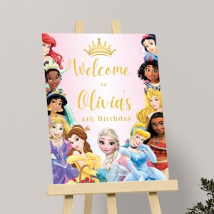 Plaque de bienvenue princesse Plaque d'anniversaire de princesse Affiche de bienvenue des princesses Décorations de fête princesse Décoration thème princesse rose MODIFIABLE numérique