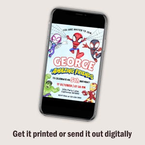 May include: A digital invitation for a 5th birthday party featuring a cartoon image of George and his Amazing Friends. The invitation is decorated with a spider web design and features the text "YOU ARE INVITED TO JOIN GEORGE AMAZING FRIENDS TO CELEBRATE HIS 5th BIRTHDAY! 17 OCTOBER | 07:30 PM 1234 Party Lane, California 567890 RSVP Mom at 123-456-7890".