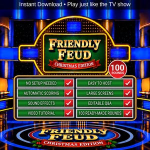 以下が含まれることがあります： Friendly Feud Christmas Editionというタイトルのデジタルゲームボードで、緑と金のロゴが特徴です。インターフェースには、自動スコアリングや100の既製ラウンドなどの機能を示す、赤いチェックマークが付いた8つの緑色の長方形のボックスがリストされています。