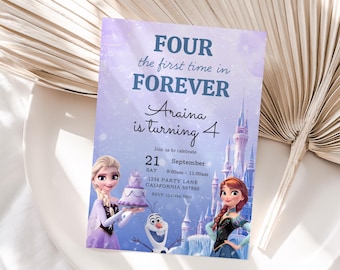 Frozen Four The First Time In Forever verjaardagsuitnodiging Frozen 4e verjaardagsuitnodiging Kids Fourth Party Invite Elsa Anna thema BEWERKBAAR