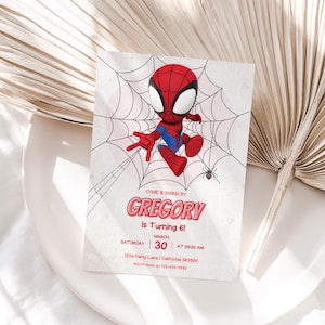 Uitnodiging voor Spidey Spidey en zijn geweldige vrienden verjaardagsuitnodiging Spidey verjaardagsfeestje uitnodigen jongen bewerkbare sjabloon Instant Digital